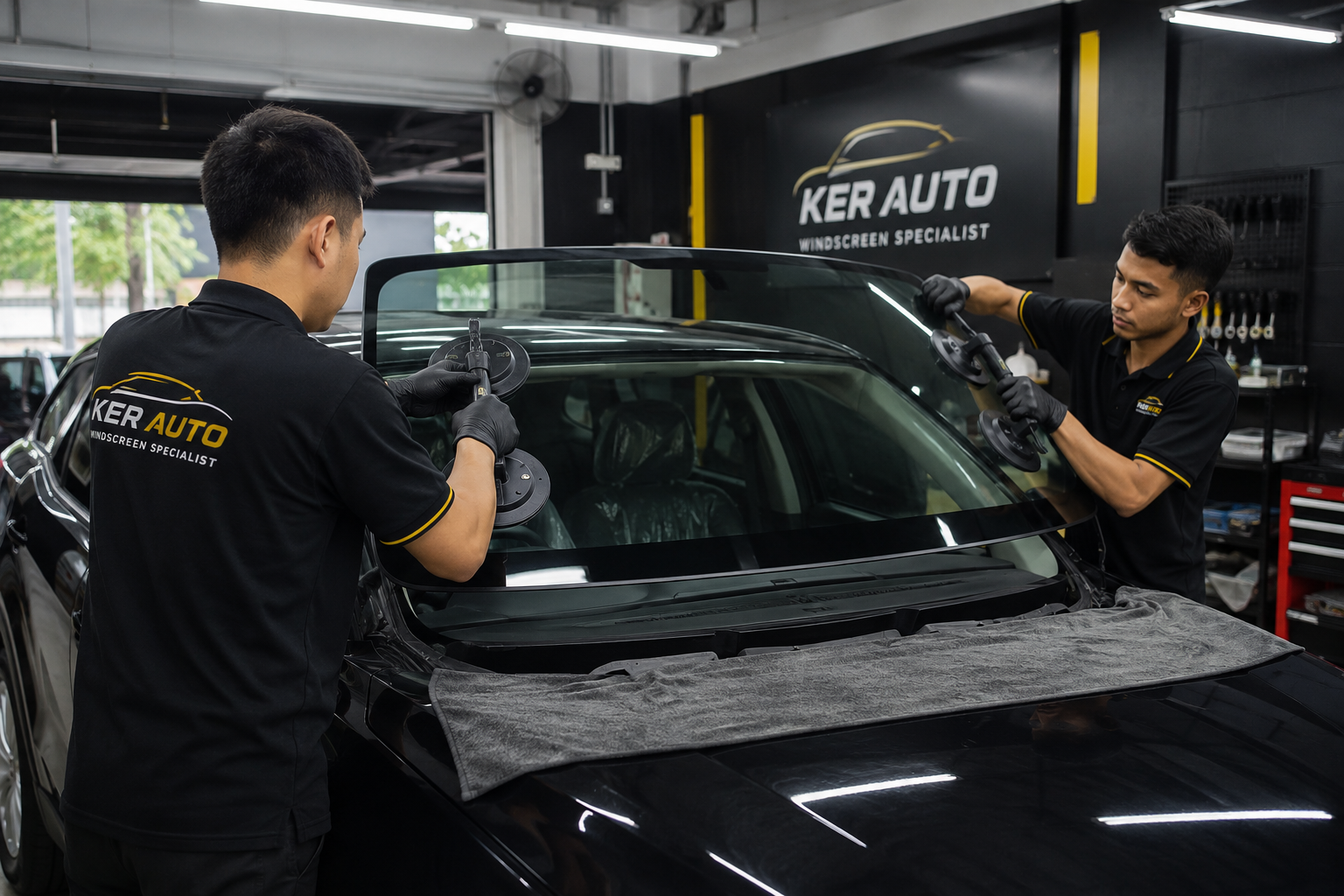 Ker Auto technicians fitting a car windscreen in Klang Valley