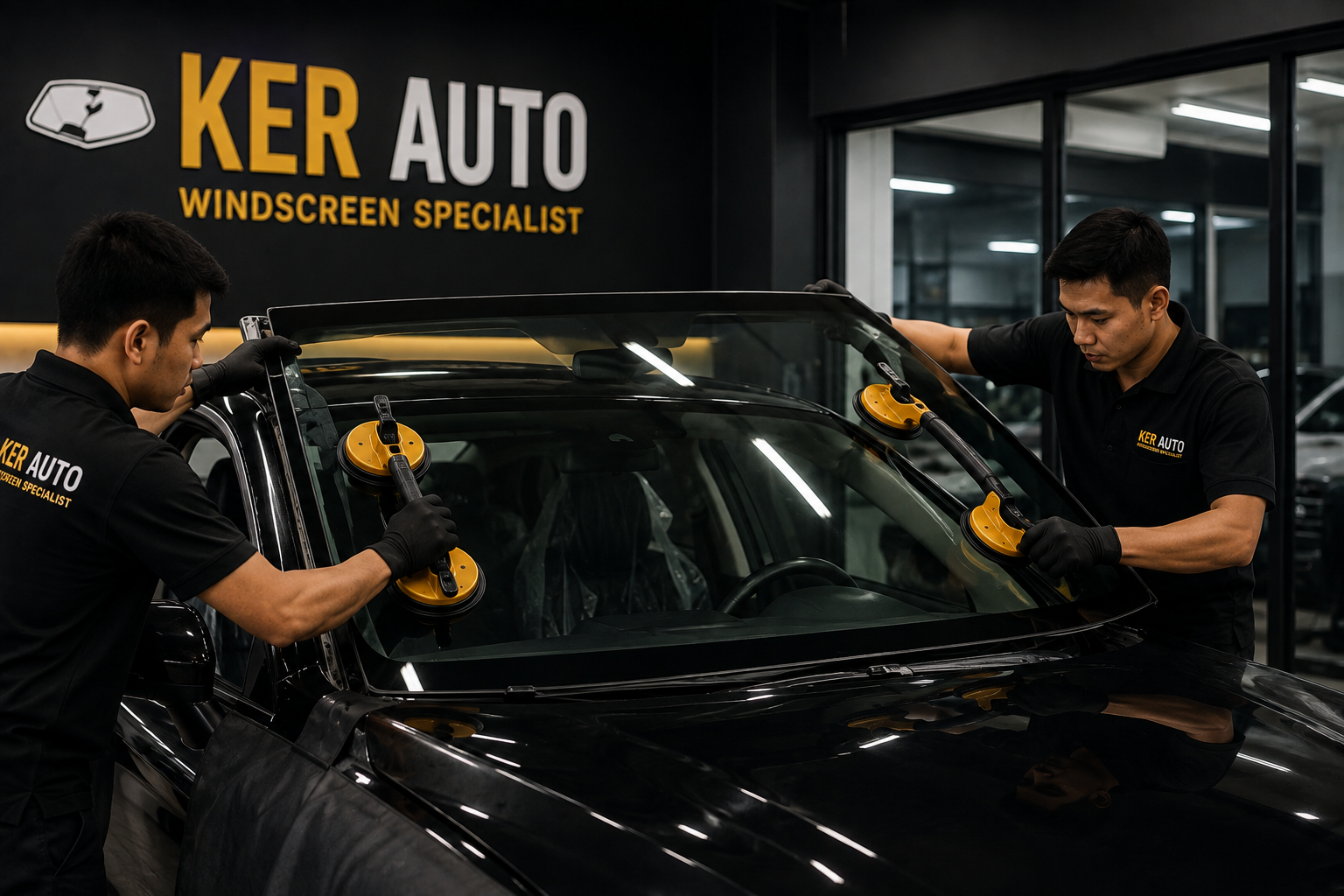 Freshly fitted car windscreen after replacement at Ker Auto